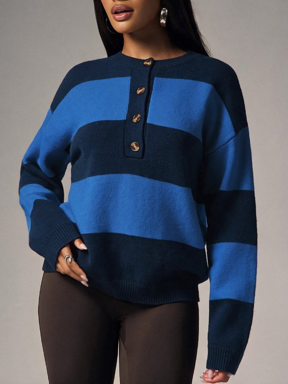 Blue Casual Women's Rib-Knit Half Button Drop Shoulder Oversized Pullover - Picture 3 of 6